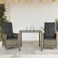 3-delige Bistroset met kussens poly rattan grijs