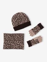 Luipaardset muts + snood + handschoenen meisje bruin, bedrukt Luipaardset muts + snood + handschoenen meisje bruin, bedrukt