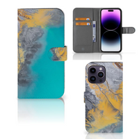 iPhone 15 Pro Max Bookcase Marble Blue Gold - thumbnail