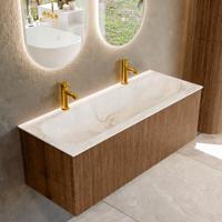 Badmeubel Mondiaz Kurve-Dlux | 120 cm | Meubelkleur Walnut | Wastafelkleur Frappe | Solid surface | Midden spoelbak | 2 kraangaten