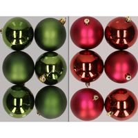 12x stuks kunststof kerstballen mix van donkergroen en donkerrood 8 cm   -