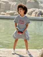 Meisjesjurk in lichte fleece met aangebracht motief blauw, gestreept