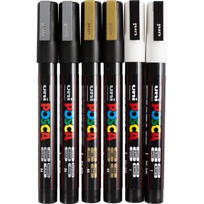Uni-Posca Posca marker, afm pc-3m, lijndikte 0,9-1,3 mm, fijn, goud, zilver, wit, 6 div/ 1 doos
