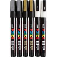 Uni-Posca Posca marker, afm pc-3m, lijndikte 0,9-1,3 mm, fijn, goud, zilver, wit, 6 div/ 1 doos