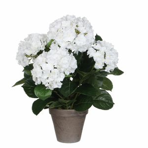 Witte Hydrangea/hortensia kunstplant 45 cm in grijze pot