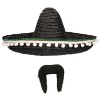 Carnaval verkleed set - Mexicaanse sombrero hoed met plaksnor - zwart - heren