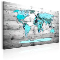 Schilderij - Wereldkaart , Blauwe wereld , houtlook - thumbnail