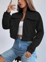 Black Zip Up Crop Sweatshirt - Stand Collar Long Sleeve Pullover Black / L