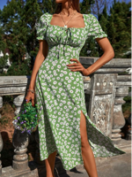 Women's Short Sleeve Summer Green Floral Square Neck Puff Sleeve Daily Milkmaid  Midi Dress - thumbnail