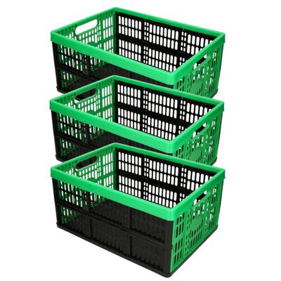 Plasticforte Boodschappenkrat - 3x stuks - 32L - 48 x 35 x 24 cm - vouwkrat - zwart/groen