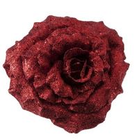 1x Kerstboomversiering bloem op clip rode glitter roos 18 cm - thumbnail