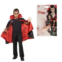 Halloween Dracula/vampier verkleed set - voor kinderen - cape en tanden - rood/zwart