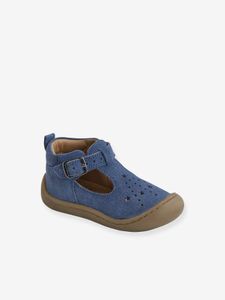 Zacht lederen sandalen voor baby's die kruipen jeansblauw