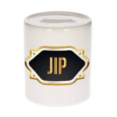 Spaarpot met voornaam Jip - wit - goud/zwart embleem - 8 x 9 cm - keramiek - afsluitdop