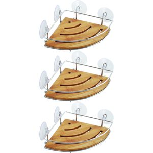 Doucherekje/badkamerrek - 3x - hoek-model - bamboe hout - metaal - 20 x 20 cm