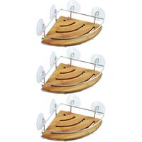 Doucherekje/badkamerrek - 3x - hoek-model - bamboe hout - metaal - 20 x 20 cm