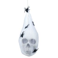 Fiestas Horror/halloween decoratie doodskop in web- hangend - 25 cm - Halloween poppen - thumbnail