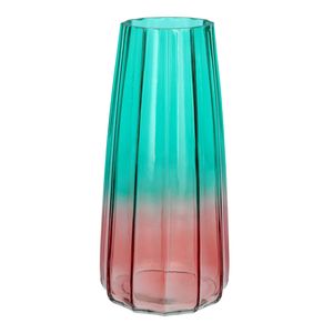 Bloemenvaas - blauw/roze - transparant glas - D10 x H21 cm