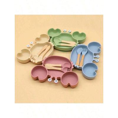 Baby Silicone Tableware, Cartoon Crab Plate, Wooden Spoon & Fork, Shatterproof, Olive Green / one-size