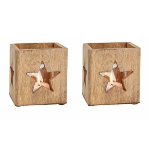 2x stuks houten windlichtje/theelichthouders met ster 12 cm