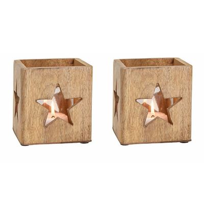 2x stuks houten windlichtje/theelichthouders met ster 12 cm