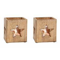 2x stuks houten windlichtje/theelichthouders met ster 12 cm - thumbnail