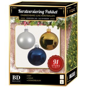 Kerstbal en piek set 91x goud-wit-donkerblauw voor 150 cm boom