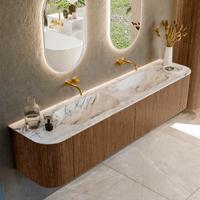Mondiaz KURVE-DLUX 200 cm Onderkast Greeploos 2 Lades Met Deuren Walnut, Wastafel Solid Surface Dubbel Glace 0 Kraangaten Zonder Spiegel (KRVSTS200L+R2L2D0KD-Wal/Gla) Mondiaz KURVE-DLUX 200 cm Onderkast Greeploos 2 Lades Met Deuren Walnut, Wastafel Solid Surface Dubbel Glace 0 Kraangaten Zonder Spiegel (KRVSTS200L+R2L2D0KD-Wal/Gla)