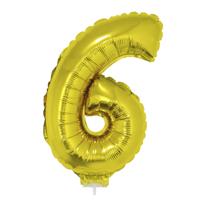 Opblaas cijfer ballon 6 - goud - op stokje - 41 cm - 6e verjaardag versiering