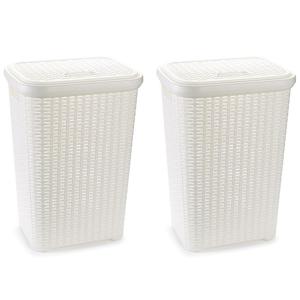 Plasticforte Wasmand met deksel - 2x stuks - 60 liter - wit - rotan - kunststof - L35 x B43 x H62 cm