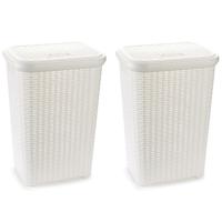 Plasticforte Wasmand met deksel - 2x stuks - 60 liter - wit - rotan - kunststof - L35 x B43 x H62 cm