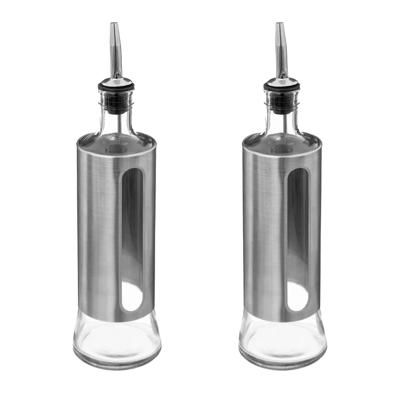 5Five Azijn/Olie flessen voor op tafel - 2x - glas/metaal - transparant/zilver - olijfolie