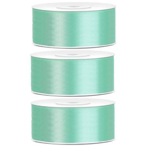 3x Mint groene satijnlinten op rol 2,5 cm x 25 meter cadeaulint verpakkingsmateriaal - Cadeaulinten