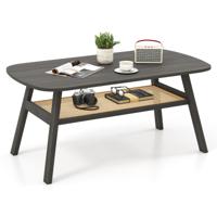 Salontafel Hout Woonkamertafel met Rotan Plank Bijzettafel 2 Niveaus Salontafel rustiek 100 x 55 x 44,5 cm