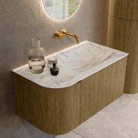 Badmeubel Mondiaz Kurve-Dlux | 85 cm cm | Meubelkleur Dusk | Wastafelkleur Glace | Solid surface | Wasbak rechter zijde spoelbak | Zonder kraangat(en)