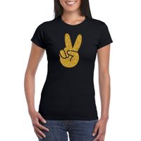 Zwart Flower Power t-shirt gouden glitter peace hand dames - thumbnail