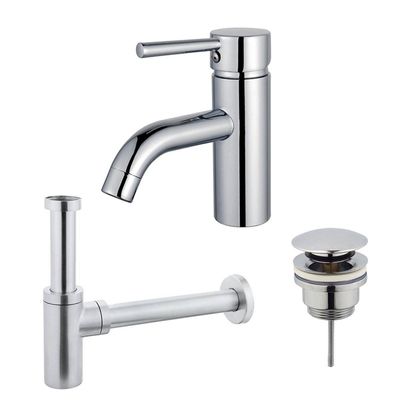 Fortifura Calvi Wastafelkraanset - lage wastafelkraan - klikwaste plug - design sifon - Chroom SW377810/SW696203/SW696214