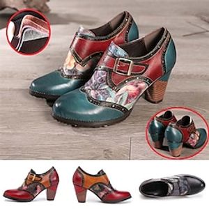 Dames Hoge hakken Bullock Shoes Grote maten Handgemaakte schoenen Dagelijks Rits Platte hak Gepuntte Teen Vintage Casual Comfortabel Leer Rits Bloemig Geborduurd Zwart Rood Blauw miniinthebox