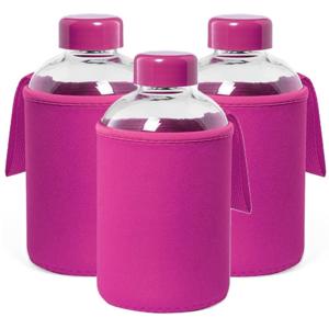 Glazen waterfles/drinkfles softshell bescherm hoes - 3x - roze - 600 ml - Sportfles - Bidon