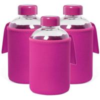 Glazen waterfles/drinkfles softshell bescherm hoes - 3x - roze - 600 ml - Sportfles - Bidon - thumbnail