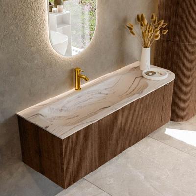 Badmeubel Mondiaz Kurve-Dlux | 135 cm | Meubelkleur Walnut | Wastafelkleur Nata | Solid surface | Wasbak linker zijde spoelbak | 1 kraangat