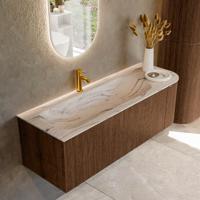 Badmeubel Mondiaz Kurve-Dlux | 135 cm | Meubelkleur Walnut | Wastafelkleur Nata | Solid surface | Wasbak linker zijde spoelbak | 1 kraangat