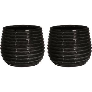 Bloempot/plantenpot Rise - 2x - ribbel - zwart - voor kamerplant - D16 x H13 cm