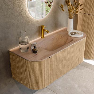 Badmeubel Mondiaz Kurve-Dlux | 110 cm | Meubelkleur Oak | Wastafelkleur Saba | Solid surface | Wasbak midden spoelbak | 1 kraangat
