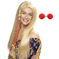 Hippie Sixties Flower Power verkleedset dames - Pruik blond - bril ronde glazen rood