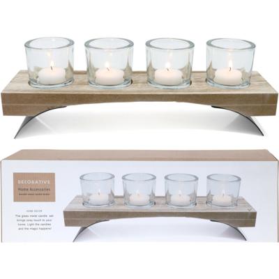 Theelichthouders - 5x - glas - houten standaard - 34,5 cm - tafeldecoratie