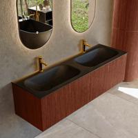 Badmeubel Mondiaz Kurve | 150 cm cm | Meubelkleur Ruby | Wastafelkleur Urban | Solid surface | Wasbak beiden zijden spoelbak | 2 kraangaten Badmeubel Mondiaz Kurve | 150 cm cm | Meubelkleur Ruby | Wastafelkleur Urban | Solid surface | Wasbak beiden zijden spoelbak | 2 kraangaten
