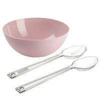 Salade serveer schaal - roze - kunststof - Dia 25 cm - inclusief sla couvert/bestek - Serveerschalen