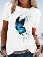 Butterfly Short Sleeve Printed Cotton-blend Crew Neck Casual Summer White Top - thumbnail