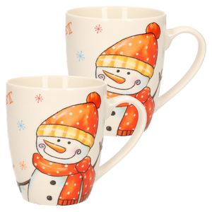 2x stuks kerstmok/wintermok sneeuwpop met oranje muts en sjaal van poreselein 10 cm